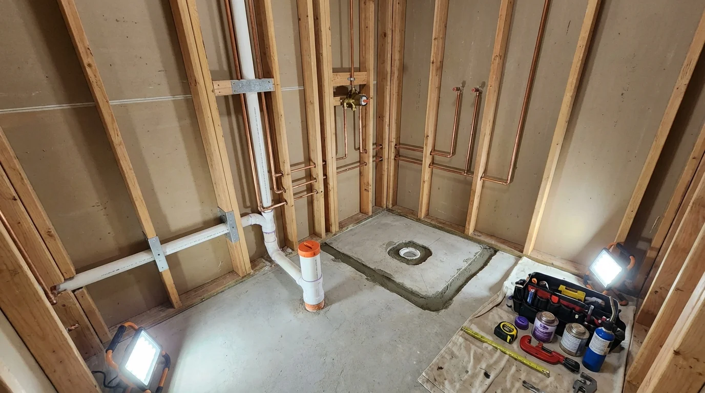 Bathroom rough-in plumbing during remodel by Johns Plumbing LLC in Stuart