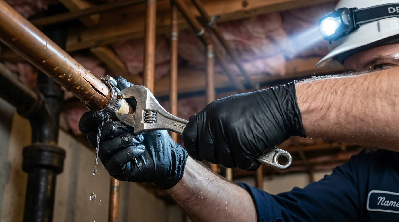 Emergency pipe clamp repair being performed by a Johns Plumbing LLC plumber in Stuart