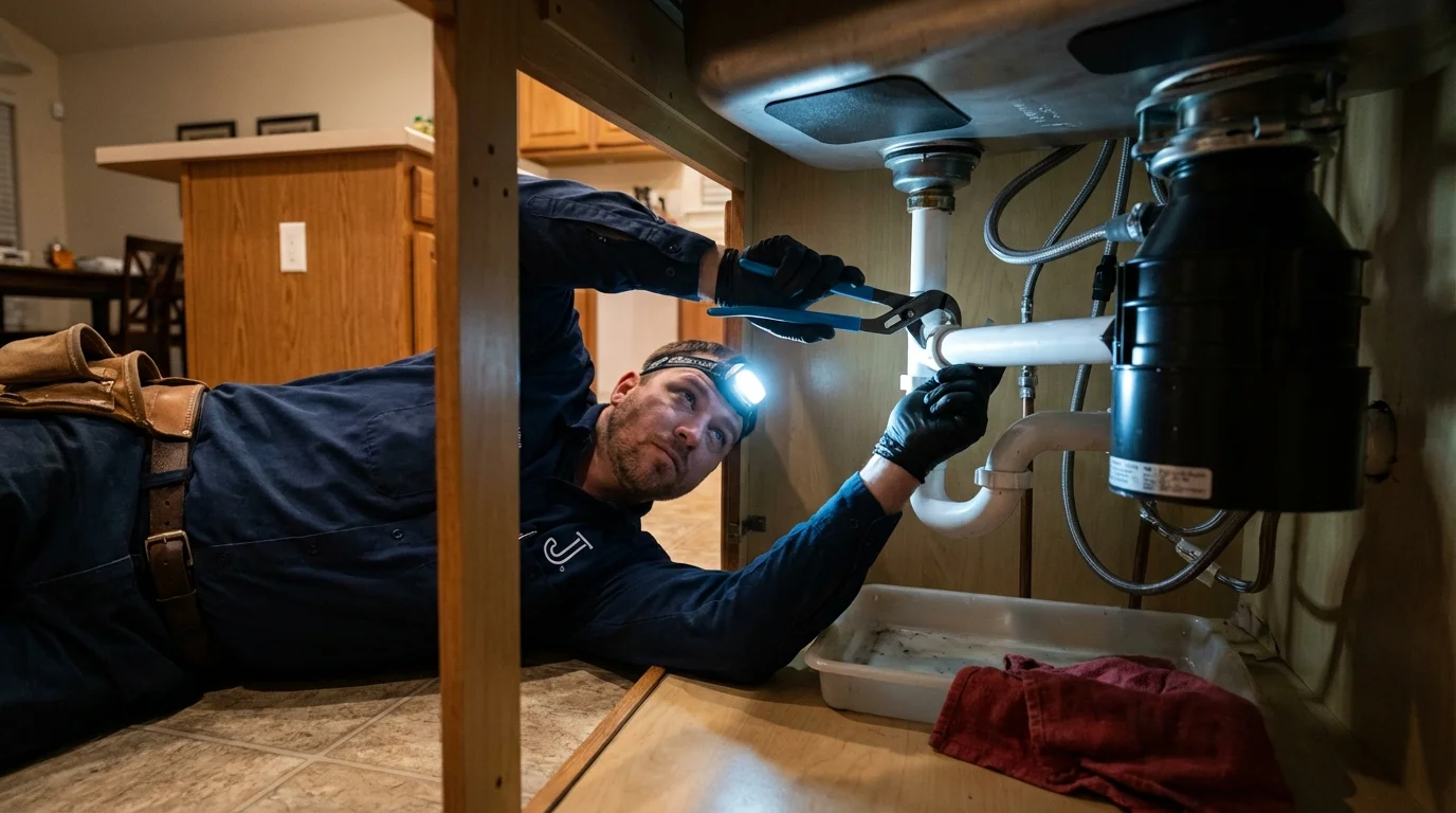 P-trap and supply line connections under a kitchen sink showing a common leak point in Stuart, FL